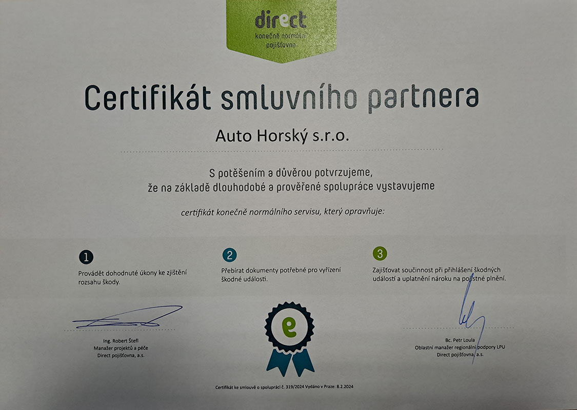 Auto Horský s.r.o. získal Certifikát smluvního partnera od společnosti Direct