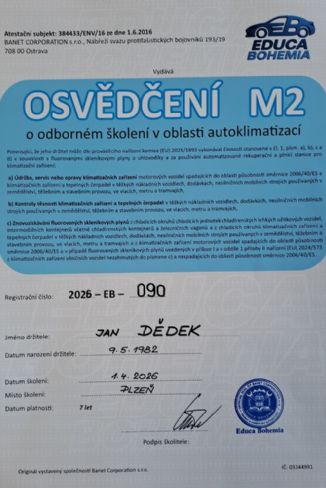 Osvědčení M2 autoklimatizace